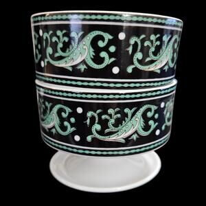 Pair of Antoinette Pedestal Dessert Bowls Black & Aqua Scroll Design, 3.5” Wide